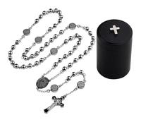 HanlinCC Stainless Steel Catholic Rosary Necklace with Gift Box with Saint Benedict Saint Michael Miraculous medal for Men and Women, 52 cm Length, Stainless Steel, No Gemstone