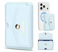 Hanman Magnetic Card Holder Compatible with iPhone 17/16/15/14/13/12 Series,Magnetic Phone Wallet Leather Card Holder Stick on Back of Phone with Metal Clasp,Hold Up to 4 Cards-Baby Blue