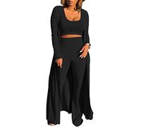 HANMAX Women's Clothing Tracksuit Winter Autumn Knitted Long-sleeved Blazer Coat Tank Long Pants Three Piece Sets Outfit, Black, L
