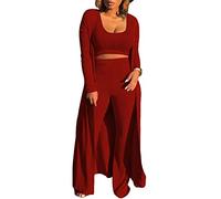 HANMAX Women's Tracksuit Winter Autumn Knitted Long-sleeved Blazer Coat Tank Long Pants Three Piece Sets Outfit, Wine Red, Large