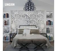 HANMERO Victorian Damask Embossed Textured Non Woven Flocking Wallpaper for Living Bedroom Tv Background, Beige with Hint Pink/Silver