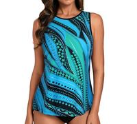 Hanna Nikole Blouson Bathing Swimsuit Top Only,Tankini Top for Women,Modest Sport Tank Top No Bottom,High Neck Tummy Control Swim Top Only Blue Line M