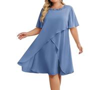 Hanna Nikole Midi Dresses for Women UK Plus Size Mother of The Bride Dresses Chiffon Evening Dress Sequin Round Neck Wedding Guest Dresses Midi Formal Cotail Dress Blue Gray