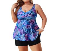 Hanna Nikole Plus Size Tankini Sets for Women Printed Top and Boyshorts with Pocket A-Line Swimming Costume Blue/Purple Leaves 22