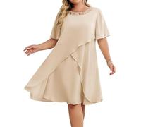 Hanna Nikole Plus Size Wedding Guest Dresses Mother of The Bride Dresses Chiffon Evening Dress Sequin Round Neck Wedding Guest Dresses Midi Formal Cotail Dress Apricot