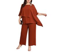 Hanna Nikole Trouser Suit Two-Piece Women's Large Sizes Batwing Sleeves Cape Sleeves Rhinestones Loose Round Neck Chiffon Shirt Orange-Red 28