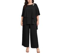 Hanna Nikole Trouser Suit Women Plus Size Two-Piece Batwing Sleeves Cape Sleeves Rhinestones Loose Round Neck Chiffon Shirt High Waist Elegant High Waist Long Pants Black 20 Plus