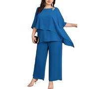 Hanna Nikole Trousers Suit Women's Large Sizes Cape Sleeve Zip Rhinestones Loose Round Neck Wide Leg Pants Chiffon Comfortable Lined Festival Summer Elegant High Waist Peacock Blue 26