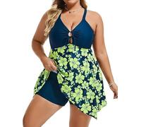 Hanna Nikole Tummy Control High Waisted Boyshorts Comfortable for Surfing Bathing Swimwear Blue & Yellow Flowers 14