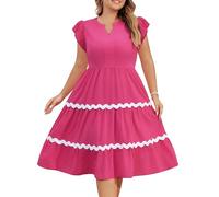 Hanna Nikole Women Plus Size V Neck Casual Dresses High Midi Dress Beautiful A-Line Dress Rose Red 22