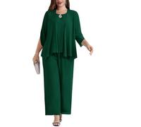 Hanna Nikole Women's Large Sizes Chiffon Evening Suit Sets Cocktail Party Festive Elegant 3-Piece Set Shirt and High Waist Trouser Suit, dark green, 24 Plus Size