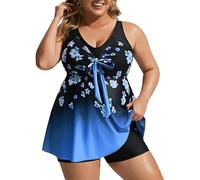 Hanna Nikole Women's Two Piece Tankini Cheeky Breathable Padded Support Swimsuits for Vacation Blue Ditsy Print 30 Plus