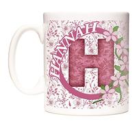HANNAH GIFT MUG, letter H mug, Name Mug, Birthday or celebration gift for ladies called HANNAH. Pretty pink flower design mug. Can be personalised