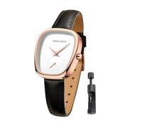 HANNAH MARTIN Gold Watches for Women, Luxury Vintage Rectangular Case Dress Watch Analog Quartz Stainless Steel Bracelet 3ATM Water Resistant with Wristband Adjustment Tool, White-Leather-34mm