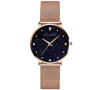 Hannah Martin Starry Sky Women's Ultra Slim Stainless Steel Mesh Band Watch, Black Surface, Rose Gold Belt, Bracelet