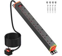 HANNELORE 7 Way Power Strip Surge Protector with 360° Swivel Brackets, 7 Way Extension Lead with Switch, 19 inch Rack Mount Power Strip, Wall Mount Power Socket with Metal Housing, 1.8M Cable, Black