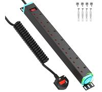HANNELORE 7 Way Power Strip Surge Protector with 360° Swivel Brackets, 7 Way Extension Lead with Switch, 19 inch Rack Mount Wall Mount Power Strip with Metal Housing, 1.6M Spring Cable, Black