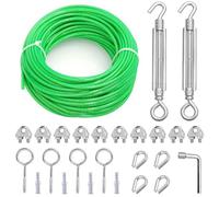 hannger 15M Clothes Line Outdoors, Green PVC Coated Steel Cable Clip Kit, Multi-use Turnbuckles for Cables Wires/Clothesline Wire/Grape Vine/String Light Hanging Kit