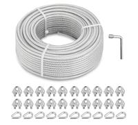 hannger 5 mm Wire Rope Clips Kit, 30 m PVC-Coated Galvanized Steel Cable | 7×7 Strand Core Cable Wire and Rope Clamps Thimbles for String Light Hanging Kit/Deck Stair Railings/Shade Sails/Clothes Line