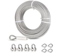 HANNGER 6mm Stainless Steel Wire Rope, 30M Marine Grade 7x19 Strand Kit, 1/4" Steel Cable with Loops, Wire Rope Clips & Thimble, Metal Cable for Zipline, Deck Railing, Boat Lifts
