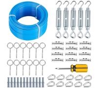hannger Garden Wire for Climbing Plants, 30M/3MM Blue PVC Coated Steel Cable with 7 × 7 Strands Core, Multi-Use Wire Rope Tensioner for Climbing Plant Support/Clothesline/String Light Hanging Kit