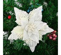 HanOBC 10 Pcs Christmas Glitter Poinsettia Flowers with Clips 6.3 Inch Silk Poinsettia Christmas Tree Decorations White Artificial Christmas Flowers for Crafts Wreath Garland