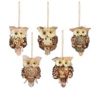 HanOBC 5 PCS Christmas Hanging Owl Ornament - Handmade Brown Straw Owl with Hemp Rope, Perched on Twig Decorations for Christmas Tree Home Decor