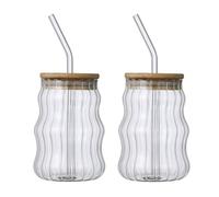 HanOBC 500ml Creative Drinking Glasses Set of 2 Wave Shaped Glass Cups with Lids and Straws Beer Glasses Ice Coffee Glasses Vintage Ribbed Glassware for Beverage Juice