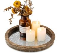 Hanobe Candle Plate Holder Tray: Round Wood Decorative Candle Plate - Rustic Farmhouse CoffeeTable Decor - Tealight Pillar Trays for Home Decor (Distressed Mirror)