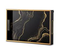 Hanobe Decorative Coffee Table Tray: Black Serving Trays Marble Pattern Centrepiece Modern Decor with Handles for Ottoman Bar Home Decor