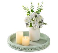 Hanobe Decorative Coffee Table Tray Round Sage Green Decor for Centrepiece | Wooden Circular Display Candle Plate with Beaded, Modern Farmhouse Spring Decoration for Living Room Counter