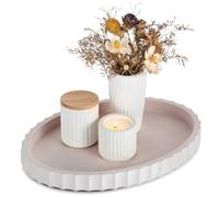 Hanobe Decorative Tray for Coffee Table: Modern Oval Wooden Trays Decor for Living Room - 34x24cm White Centrepiece with Scalloped Edge for Dining Bathroom Vanity Kitchen Console Ottoman