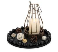 Hanobe Decorative Tray for Coffee Table: Wooden Small Round Serving Tray for Centrepiece Boho Decor - Black Rustic Candle Plate for Dining Counter Display 30cm