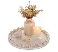 Hanobe Decorative Tray for Coffee Table: Wooden Small Round Serving Tray for Centrepiece Boho Decor - White Rustic Candle Plate for Dining Counter Display 30cm