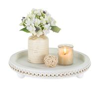 Hanobe Decorative Tray Table Centrepiece: Rustic Beaded Tray for Coffee Table Living Room 30cm Vintage White Washed Round Wooden Riser for Display