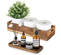 Hanobe Decorative Tray Wooden Bathroom: Set of 2 Wood Bathroom Storage Box with Vanity Display Tray Platter for Kitchen Counter