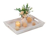 Hanobe Decorative Wooden Serving Tray: Rustic Wood Ottoman Trays for Coffee Table Rectangular Tray with Handles for Living Room Kitchen Home Decor, White