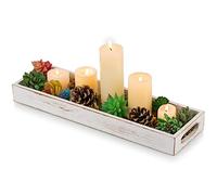 Hanobe Decorative Wooden ServingTray: Rustic Long Narrow Centerpiece Farmhouse Wood Candle Holder Trays with Cutout Handles Rectangular Coffee Table Tray for Living Room Kitchen Home Decor, White