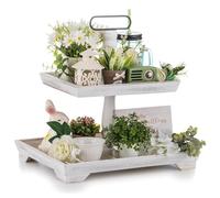 Hanobe Farmhouse Tiered Tray Stand: Rustic Wood 2 Tier Serving Tray Decor Two Rectangle Wooden for Kitchen Counter Centerpieces Coffee Bar Easter Fall Halloween Thanksgiving Christmas Decors