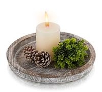 Hanobe Farmhouse Decorative Wooden Tray: Round Coffee Table Tray Rustic Whitewash Centerpiece Candle Holder for Decor Kitchen Counter Home Decor