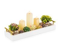 Hanobe Rectangle Long Narrow Tray: Decorative Trays Rectangular Candle Holder for Home Decor White Centerpiece Tray Decor Serving Trays with Gold Handles for Dining Table Coffee Bar Living Room