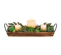 Hanobe Rectangular Decorative Tray: Wooden Candle Holder for Home Decor Centerpiece, Serving Tray with Metal Handles