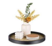 Hanobe Round Decorative Coffee Tray: Coffee Table Trays Decor Circle Rattan Tray with Black Wooden Frame for Storage & Display Serving Tray for Counter Living Room Dresser Makeups