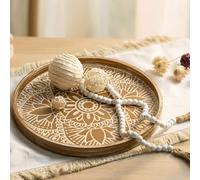 Hanobe Round Decorative Tray for Centerpiece: 2Pcs Vintage Coffee Table Trays with Boho Bead Garlandfor Home Decor - Farmhouse Wood Serving Platter Circle for Kitchen Counter Women