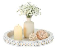 Hanobe Round Decorative Tray for Centrepiece: Rustic Coffee Table Tray with Beaded for Living Room White Washed Wooden Candle Trays for Kitchen Counter Modern Farmhouse Home Decor