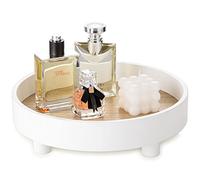 Hanobe Round Decorative Vanity Tray: Bathroom Perfume Platform Trays Circle Pedestal Stand Wood Riser for Display Scandinavian Decor Dresser, White