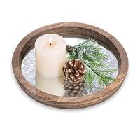 Hanobe Round Wood Decorative Tray: Rustic Wooden Trays for Coffee Table Farmhouse Centerpiece - Vintage Mirror Candle Tray for Home Decor Ottoman Bathroom Kitchen Organizer