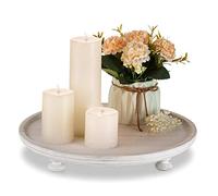 Hanobe Round Wooden Decorative Tray, White Pedestal Stand Display Risers