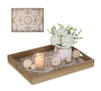 Hanobe Serving Tray Decorative Wooden: Coffee Table Tray with Handles Boho Decor for Centerpiece - Rectangular Rustic Ottoman Platters Brown for Living Room Countertop