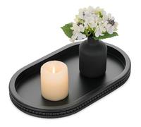 Hanobe Serving Wooden Decorative Tray: Black Beaded Oval Coffe Table Tray for Centerpiece Decor - Modern Wood Candle Plates for Counter Display